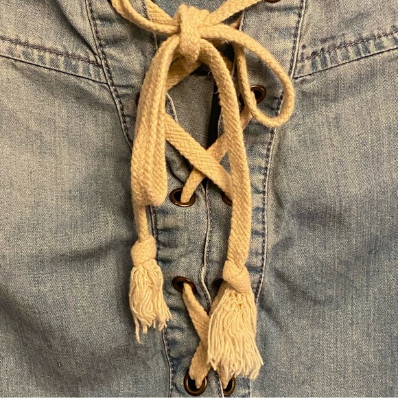 Beach lunch lounge chambray sleeveless lace up yoke mini dress Medium women’s - Picture 7 of 11